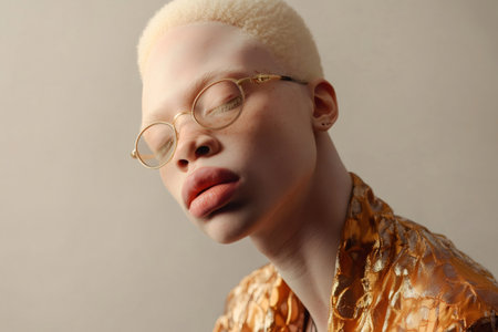 Person with albinism closing eyes, wearing round vintage glasses and textured golden fashion jacket. Embracing individualityの素材