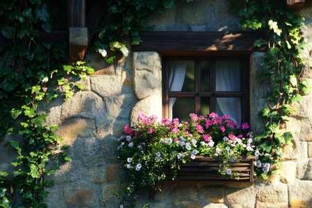 Picturesque stone cottage window framed by ivy and blooming flowers, evoking rustic charm and countryside tranquilityの素材