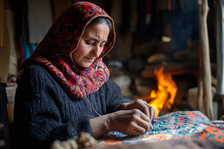 Woman skillfully crafting colorful textile by hand, demonstrating traditional craftsmanship and a connection to cultureの素材