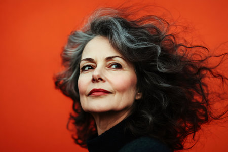 Mature woman looking up, confidently expressing natural beauty and the wisdom of aging gracefully against an orange backgroundの素材