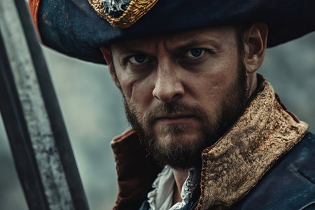 Pirate captain looking sternly, portraying a strong and determined leader from the golden age of piracyの素材