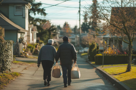 Man providing community support, walking with an elderly woman and carrying her full shopping bags down a residential streetの素材