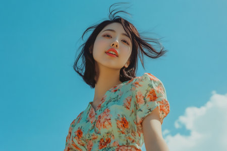 Young Asian woman posing in floral dress against blue sky, wind blowing through her dark hair, enjoying the outdoorsの素材