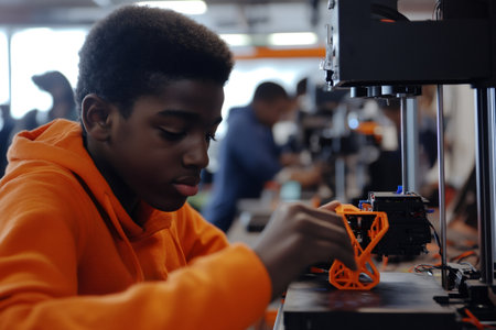 African American student engaging in STEM education, focusing on a 3D printer and an object during a hands on workshopの素材
