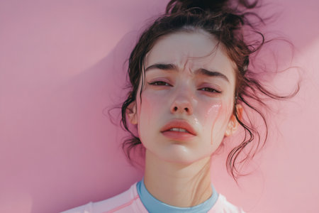 Woman's portrait with tears running down her face, showing emotion and distress. Feelings of sadness and painの素材