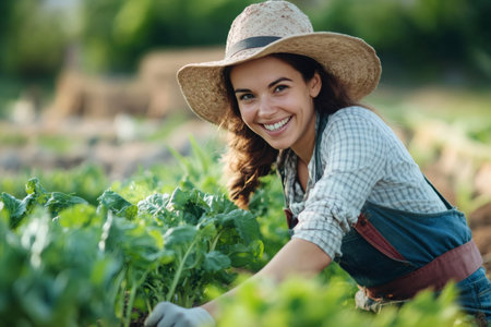 Smiling woman with a straw hat and cultivating greens in a sunny garden, embodying sustainable farming and healthy livingの素材