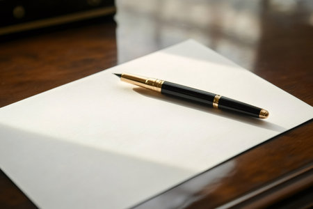 Fountain pen on a pristine sheet of paper on a wooden desk, symbolizing communication, creativity, and new beginningsの素材