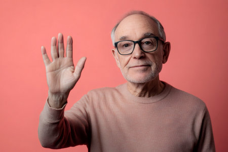 Senior man in glasses raising an open hand, looking directly at the viewer, symbolizing greeting, stop, or goodbyeの素材
