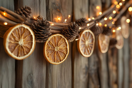 Natural holiday garland featuring dried citrus, pinecones, and warm string lights, creating a cozy festive atmosphere for home decorationの素材