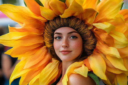 Young woman posing in a detailed sunflower costume, representing natural beauty and joy. Bringing a sunny mood to lifeの素材