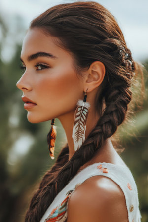Young woman in profile showing detail of feather earrings and ethnic inspired braided hairstyle, conveying natural beautyの素材