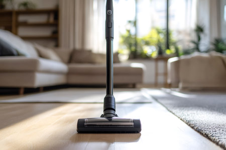 Cordless stick vacuum cleaner cleaning a modern living room floor. Home appliance for daily house cleaning tasksの素材