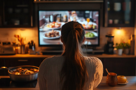 Woman standing in a warm lit kitchen, watching a cooking show on television while cooking dinner on the stoveの素材