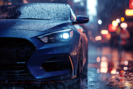 Modern hatchback vehicle with bright headlights reflecting on a rainy urban street, showing water droplets and bokeh lightsの素材