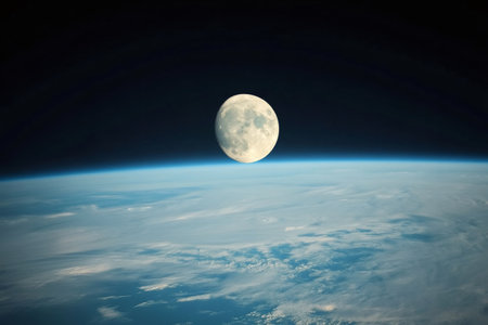 Moon rising above Earth's curved blue limb and thin atmosphere, viewed from space against the dark expanse of deep cosmosの素材