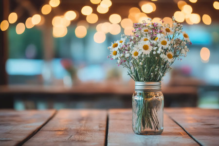 Fresh daisy bouquet arranging in a jar on a distressed wooden table, glowing string lights blurring in the warm backgroundの素材