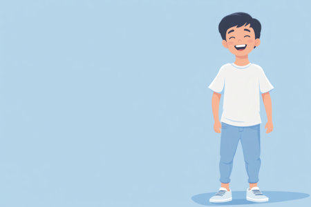 Young Asian boy standing, smiling, and laughing in a casual white t shirt, jeans, and sneakers. Concepts of joy and childhoodの素材