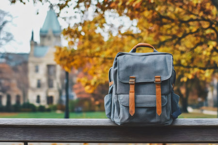 Durable canvas backpack with leather straps sitting on wood bench railing, blurry university building and fall foliage in backgroundの素材