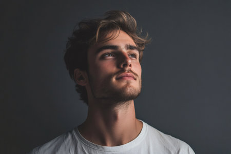 Young man with a thoughtful expression looking up, contemplating hope, aspiration, and a bright futureの素材