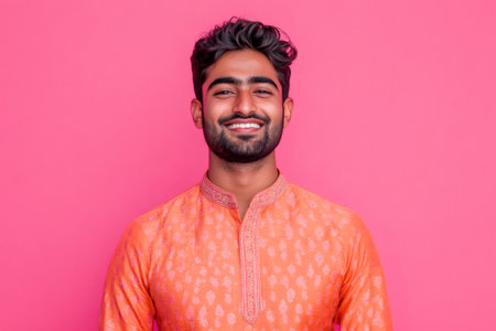 Young handsome Indian man smiling, looking at camera, standing on pink background. Cultural fashion and positive emotionの素材