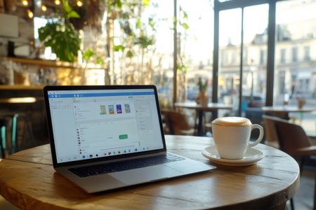 Laptop displaying social media posts in a busy cafe. Enjoying coffee while working remotely or freelancing on a projectの素材