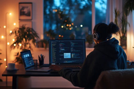Web designer wearing headphones coding on laptop computer at home office, working remotely late night with warm ambient lightingの素材