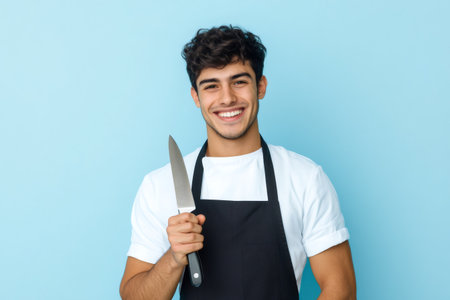 Young man in a black apron happily holding a professional chef knife, representing culinary skill and confidenceの素材