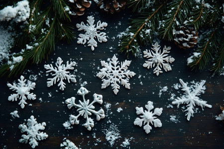 Delicate white snowflake ornaments arranged with evergreen fir branches and pine cones, creating a festive winter holiday settingの素材