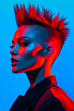 Woman standing in profile, lit by strong red and blue neon lights, showcasing a modern edgy hairstyle and fashionの素材