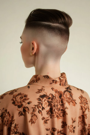Woman showcasing a bold undercut hairstyle with faded sides and styled top. Wearing a floral pattern shirtの素材
