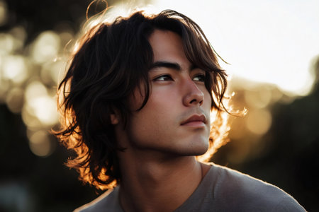 Thoughtful young man with dark, flowing hair gazing upwards, backlighting creating a warm glow during sunsetの素材