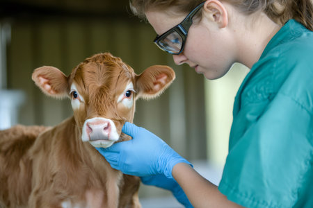 Veterinarian in scrubs and safety glasses wearing blue gloves and carefully examining a young brown calf's jawの素材