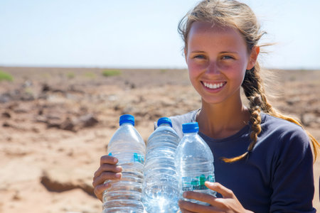 Young woman smiling, holding water bottles, providing humanitarian aid for thirst and drought relief in a dry environmentの素材