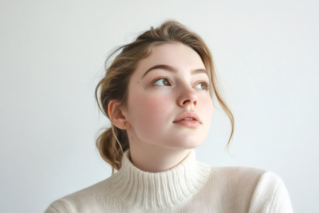 Young woman looking up with thoughtful expression. Reflecting, planning, and hoping for a bright futureの素材
