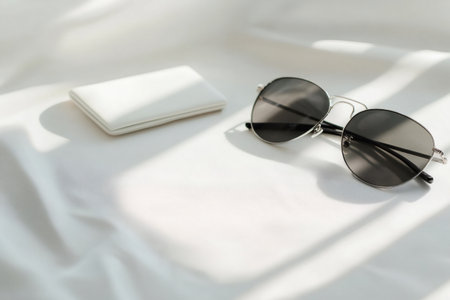 Minimalist flat lay displaying elegant silver framed sunglasses and a sleek white wallet on soft draped fabricの素材