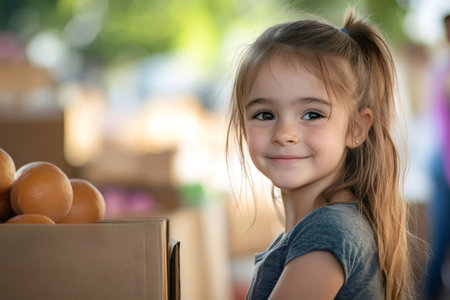 Young girl smiling, standing next to a box of fresh oranges, contributing to a vibrant outdoor community eventの素材