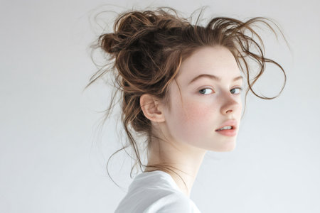 Young woman with natural freckles and a messy bun looking over her shoulder. Embodying candid and authentic beautyの素材