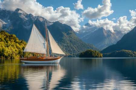 Sailboat smoothly navigating peaceful lake waters. Lush green forests line the shore with rugged peaks towering under a blue skyの素材
