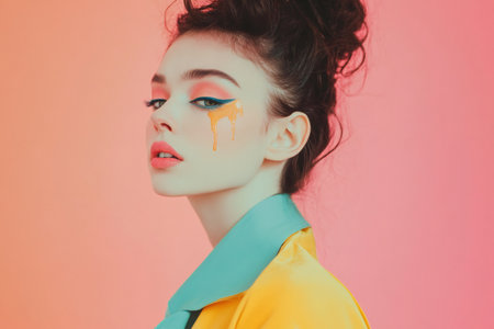 Artistic fashion portrait of a young woman with bold colorful makeup and smudged tears against a soft gradient backdropの素材