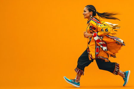 Energetic Indigenous woman moving across an orange background. She is traditional wearing clothing and modern running shoesの素材