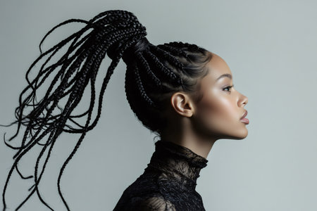 Young woman showing an elegant profile with a fashionable braided ponytail hairstyle. Beauty and confidence in a studio settingの素材