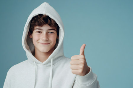 Teenage boy in a gray hoodie smiling and giving a thumbs up against a teal studio background, expressing approval and positivityの素材