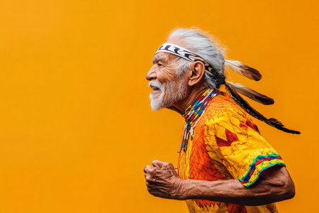 Indigenous elder actively running, smiling with joy, symbolizing health, culture, and active senior livingの素材