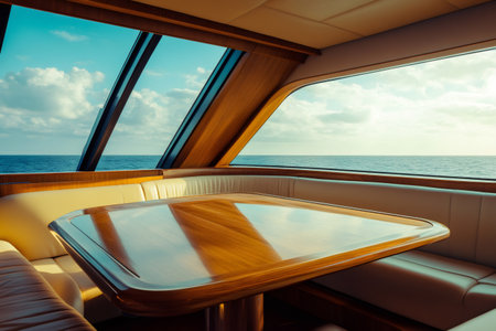 Luxurious yacht interior featuring a polished wooden table and comfortable seating, offering serene ocean views through expansive windowsの素材