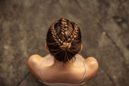 Woman's head and shoulders viewed from above, showcasing an elaborate braided updo hairstyle with a bunの素材