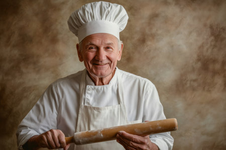 Happy senior chef wearing uniform and hat, confidently holding a wooden rolling pin, ready for bakingの素材