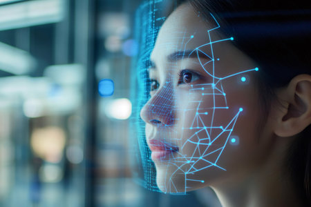 Young woman's profile displaying a glowing blue digital grid, representing facial recognition technology and artificial intelligenceの素材
