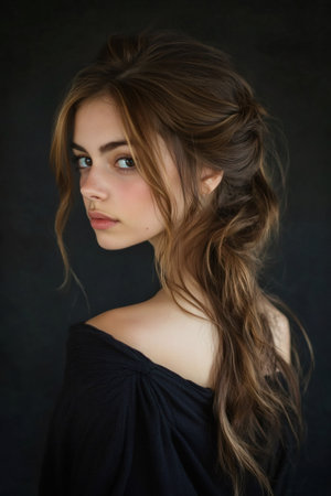 Woman posing with a half up half down hairstyle, creating a beautiful and delicate portrait with soft natural lightの素材