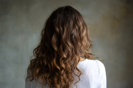 Woman with long natural brown curly hair cascading over her shoulders, wearing a white textured top, back view, studio shotの素材