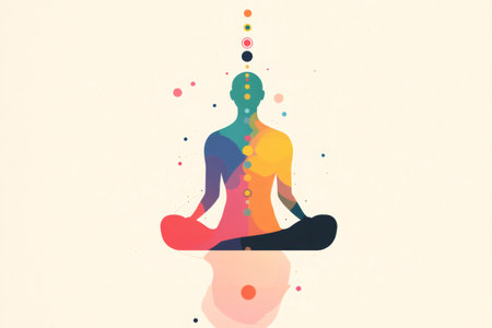 Human silhouette meditating in a lotus position, showing colorful energy centers and chakra alignment for mind and body balanceの素材